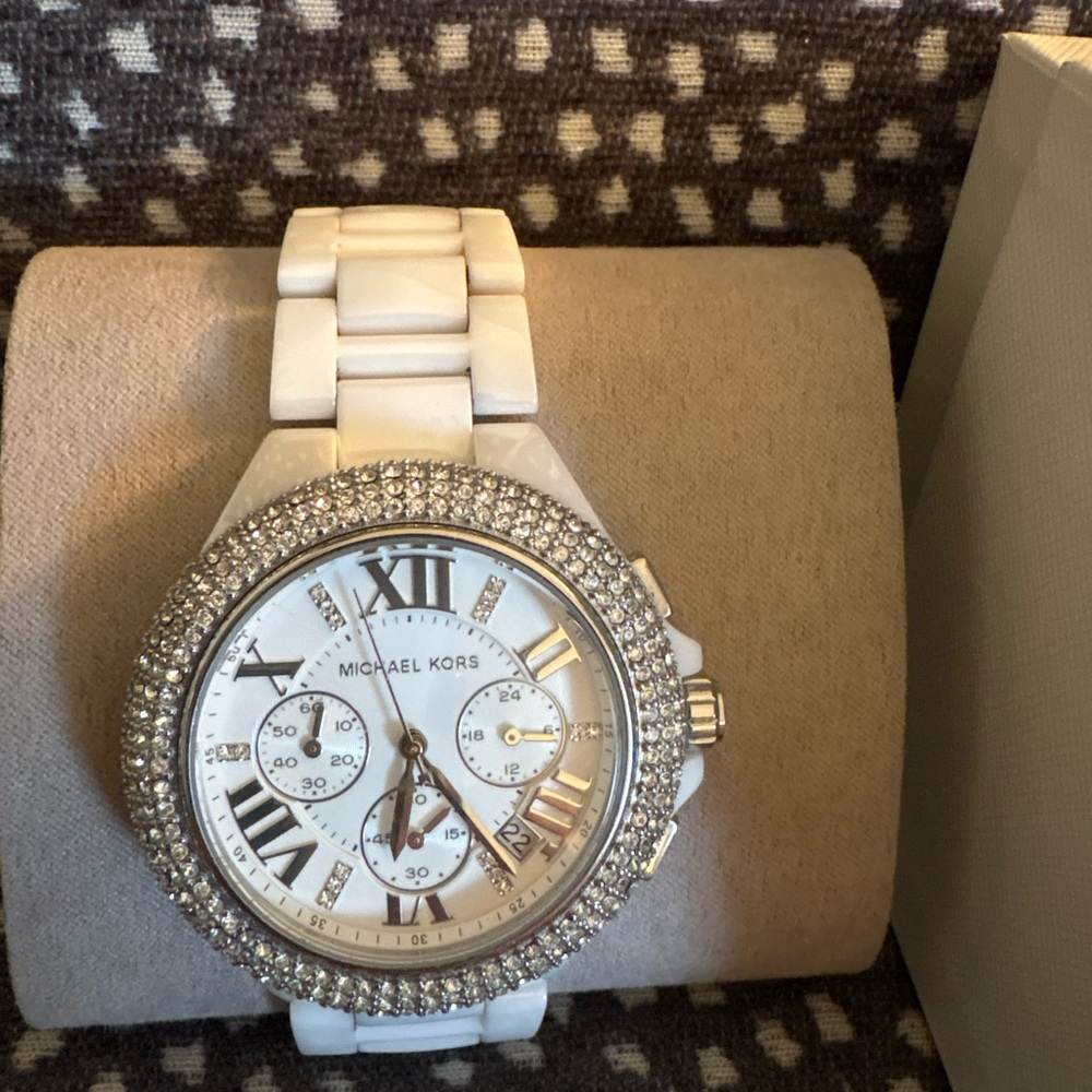 Michael Kors White and Silver Chronograph Rhinestone Watch